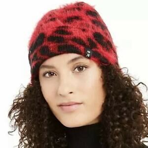 DKNY NEW Fuzzy Animal Print Beanie Red and Black Hat winter warm CHEETAH hat